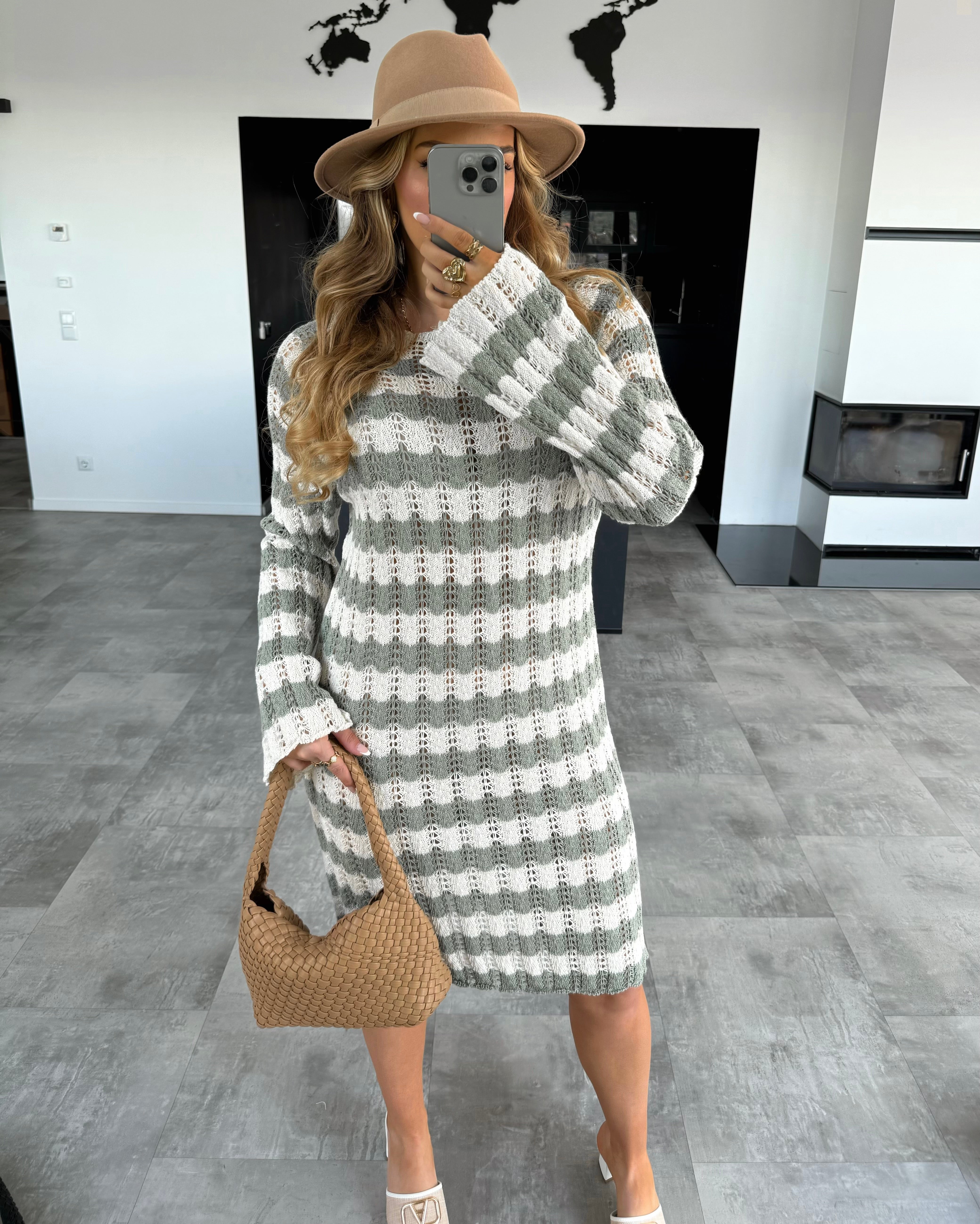 Häkelkleid "Leila" Khaki-Weiß