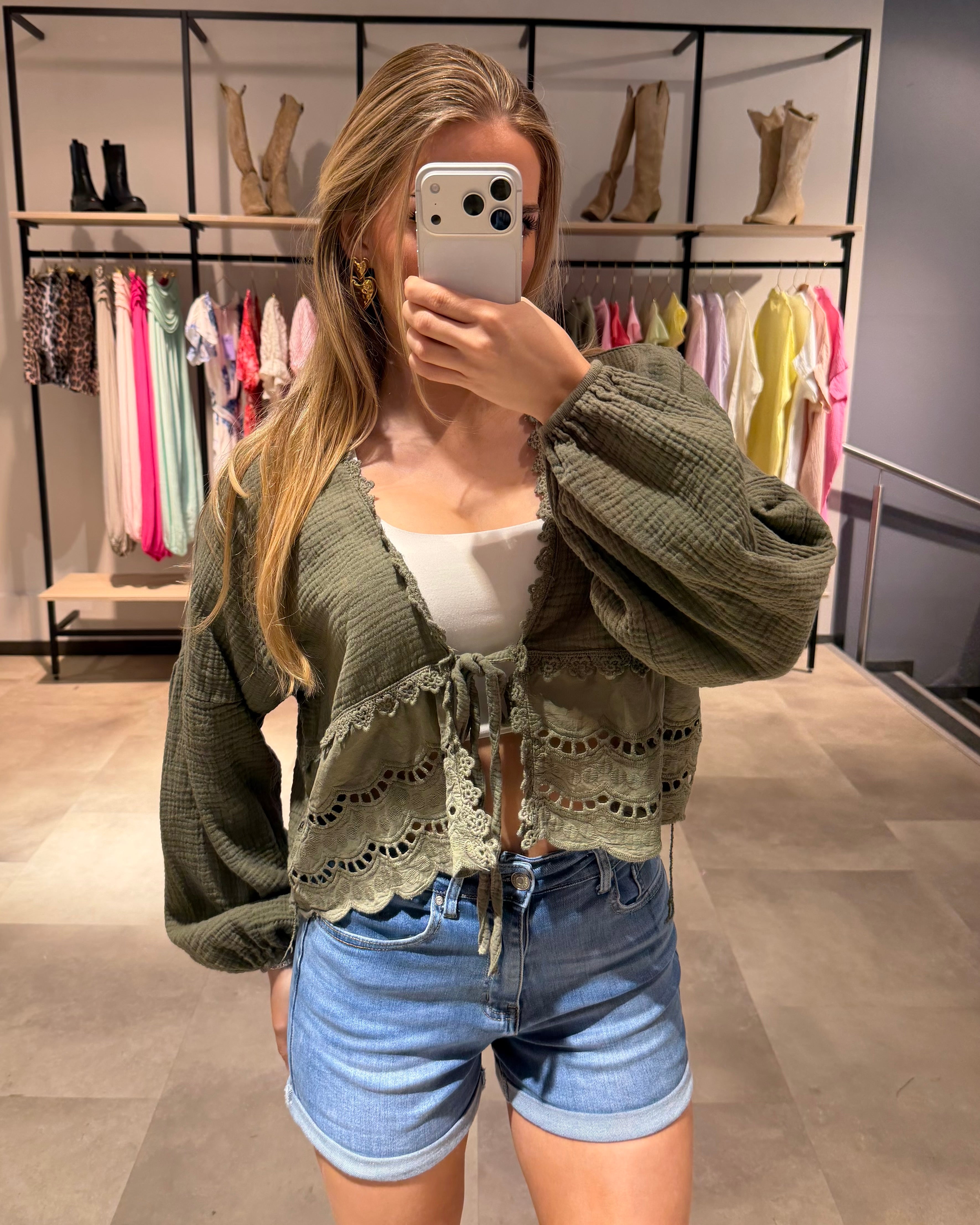 Musselin Knoten-Bluse "Emmi" Khaki