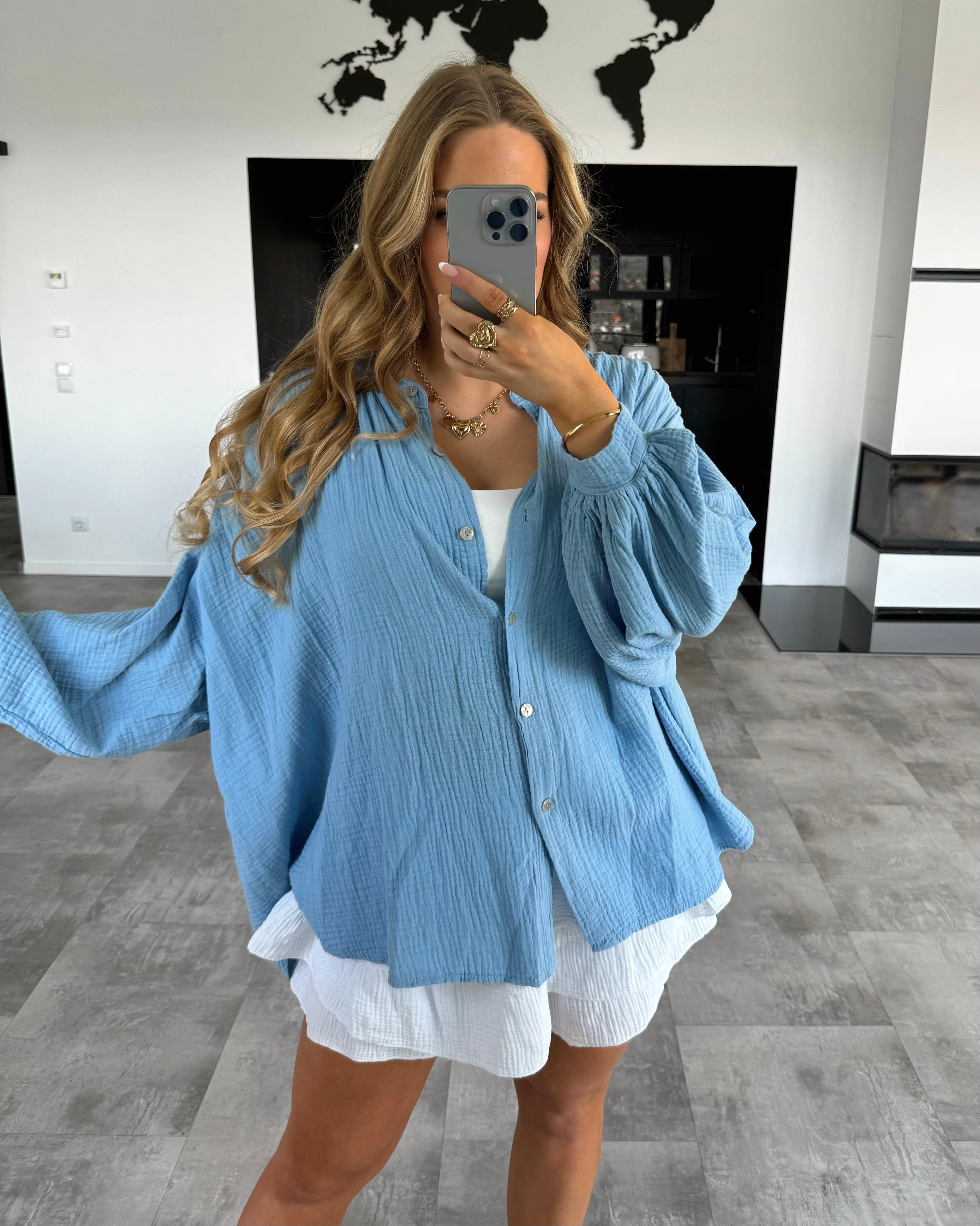 Musselin Bluse "Clara" Midi Hellblau