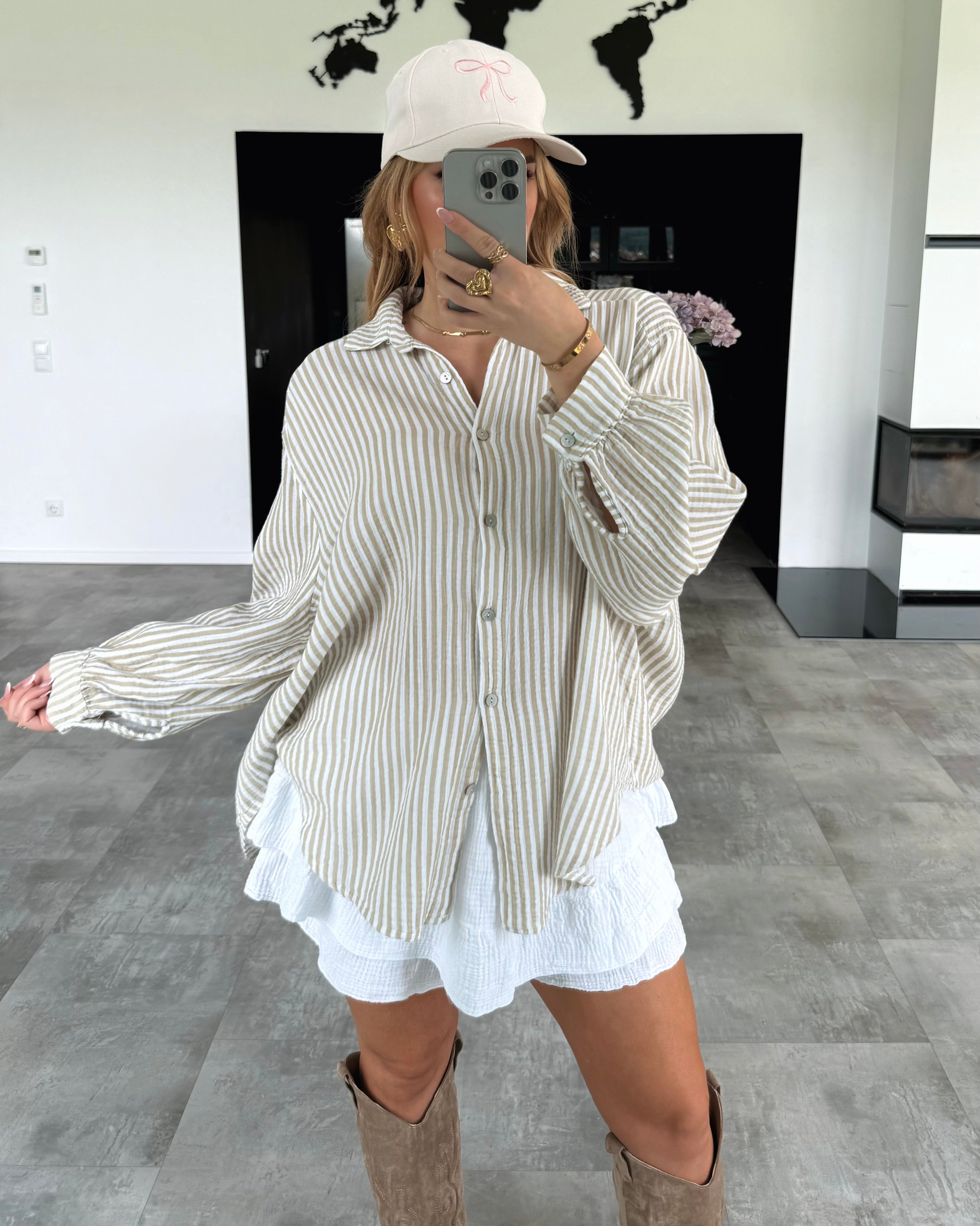 Musselin Bluse "Stripes" Kurz Beige