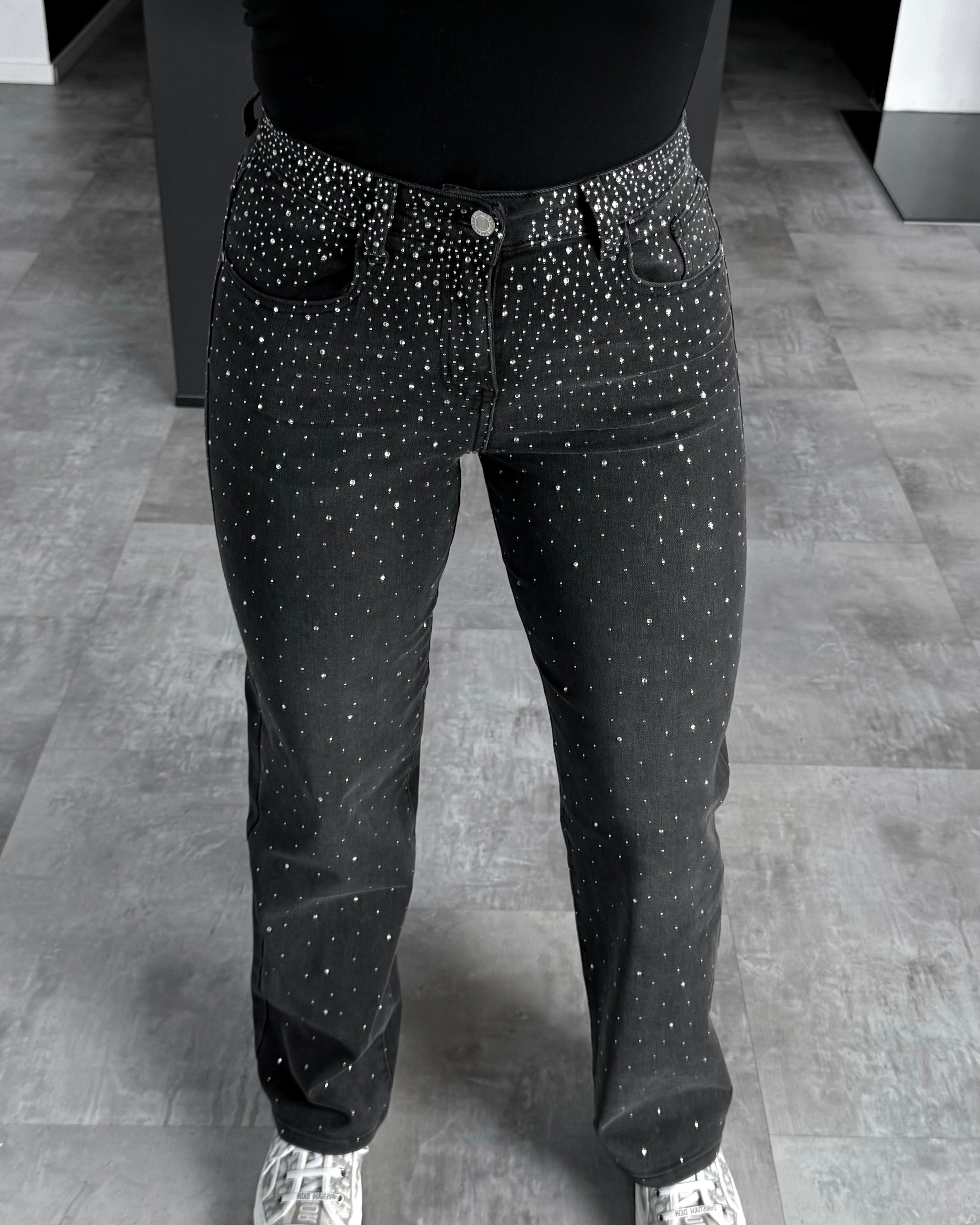 Wide Leg Jeans „Demi“ mit Strasssteinen Schwarz