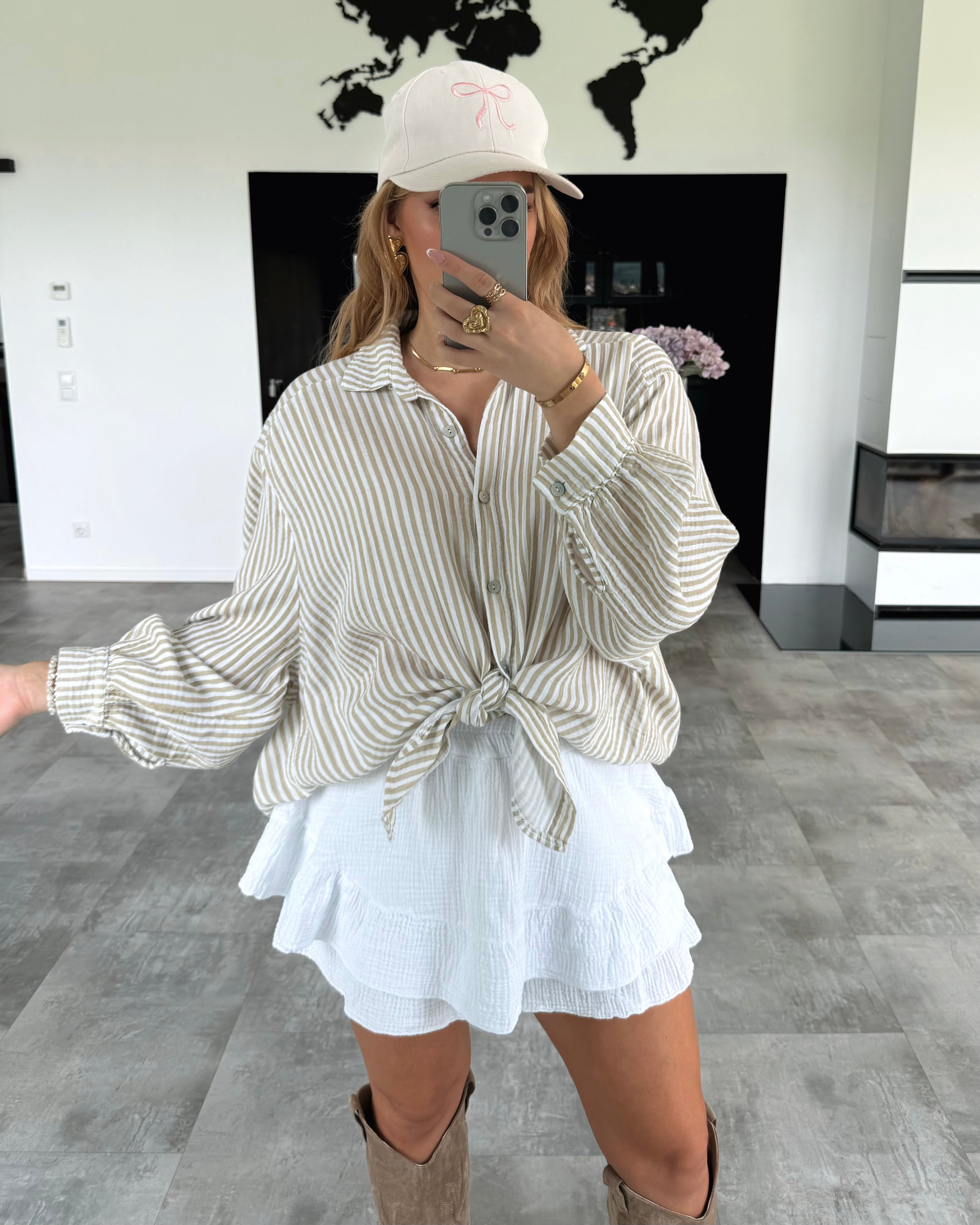 Musselin Bluse "Stripes" Kurz Beige