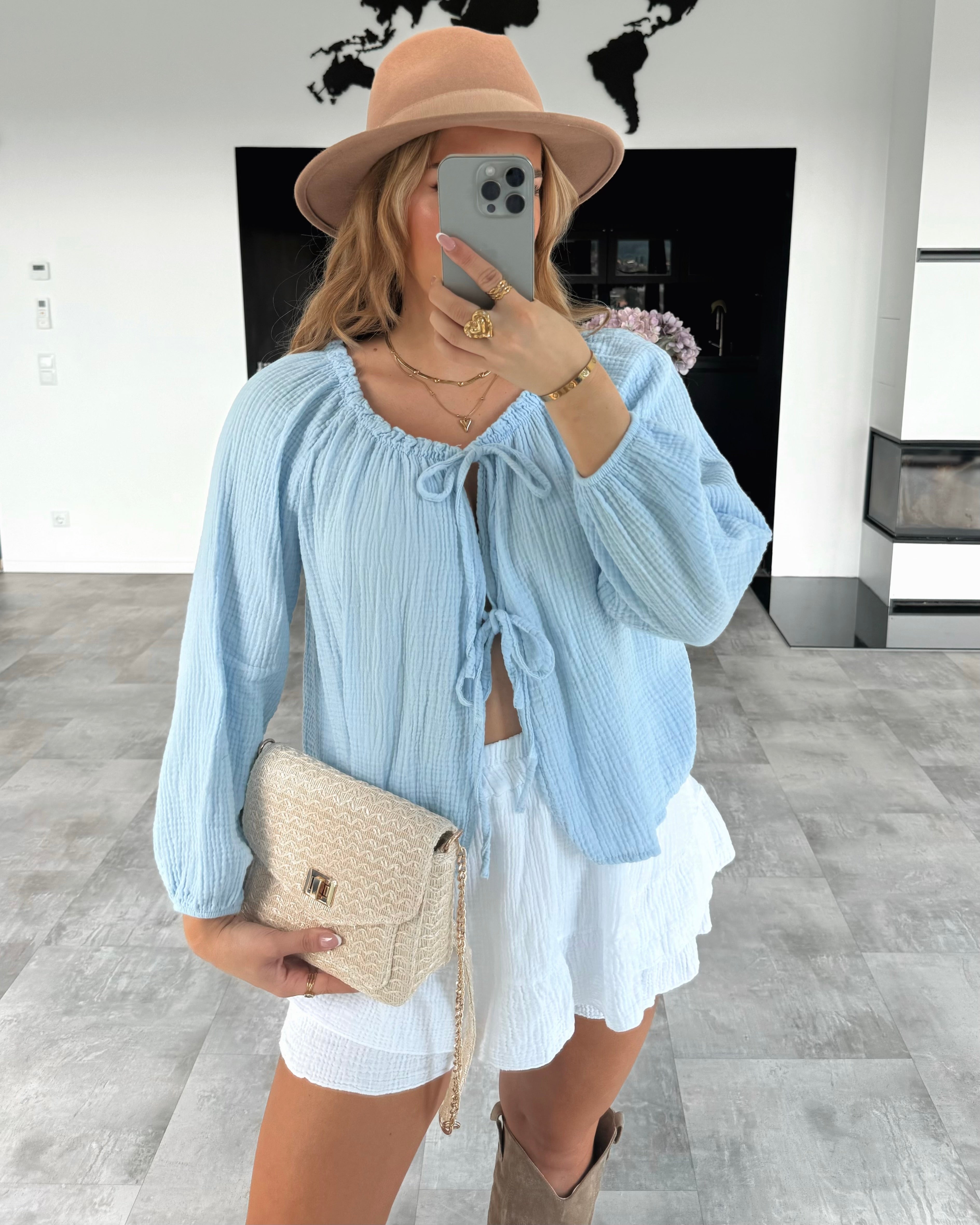 Musselin Knoten-Bluse "Kristin" Hellblau