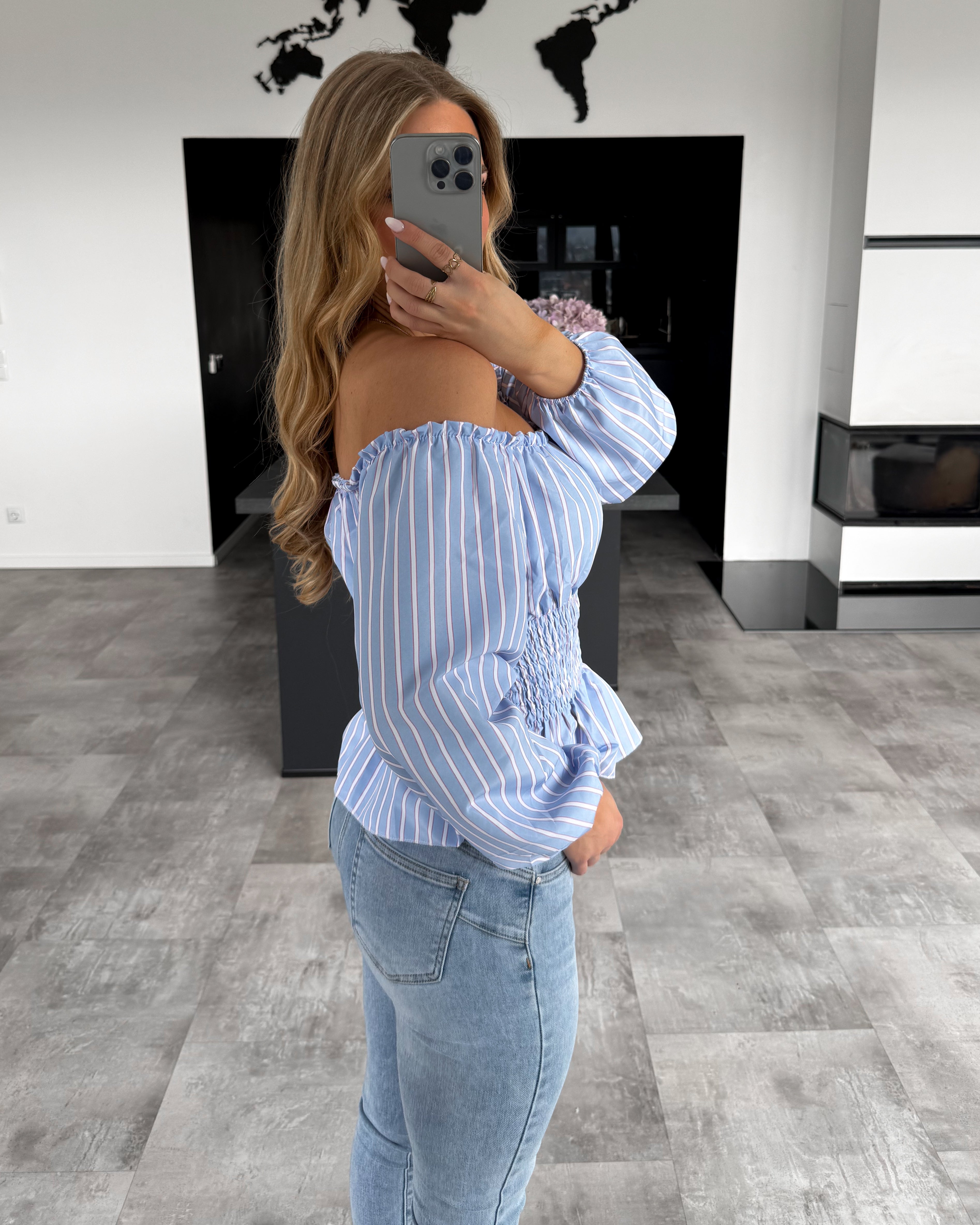 Off-Shoulder Streifen Bluse “Destina“ Hellblau