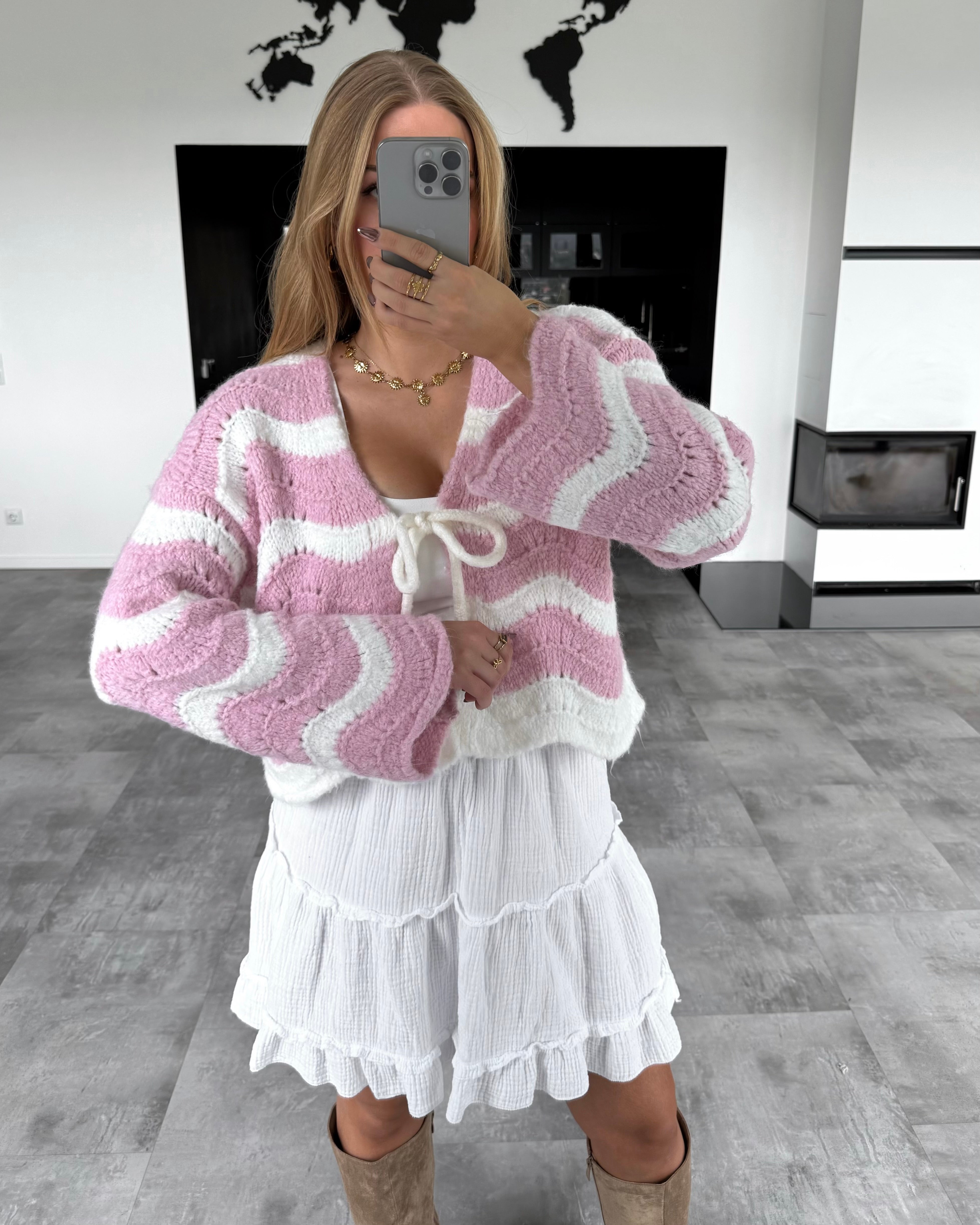 Häkelknoten-Cardigan "Lee" Rosa-Ecru