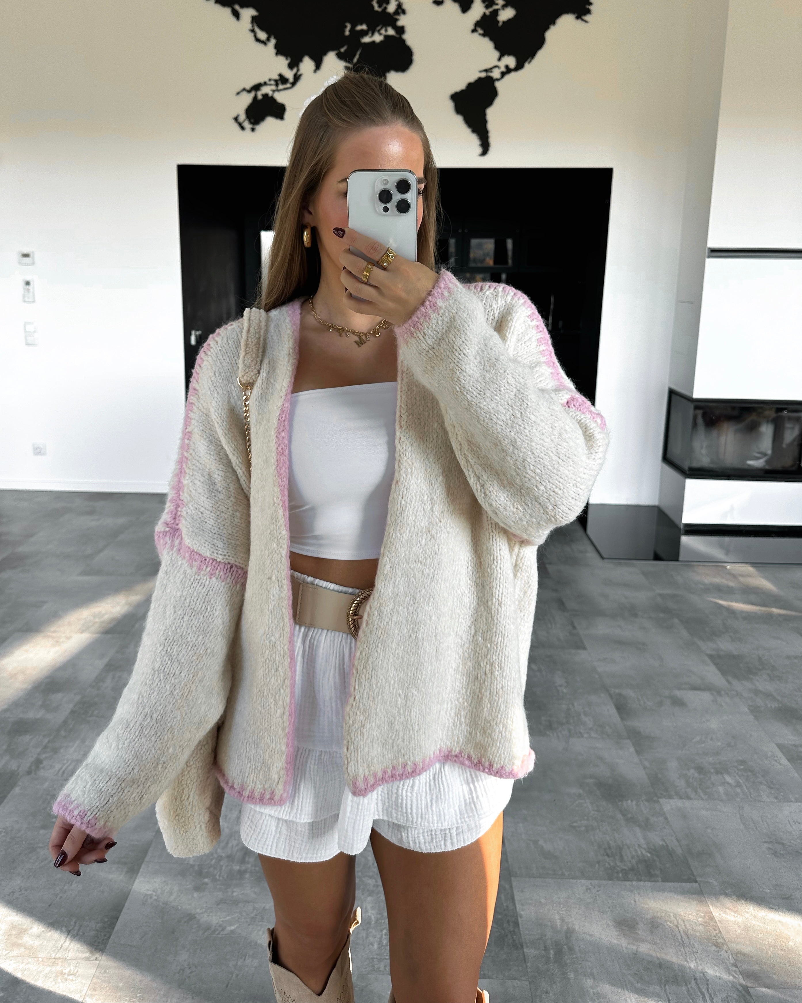 Cardigan "Fee” Ecru-Rosa