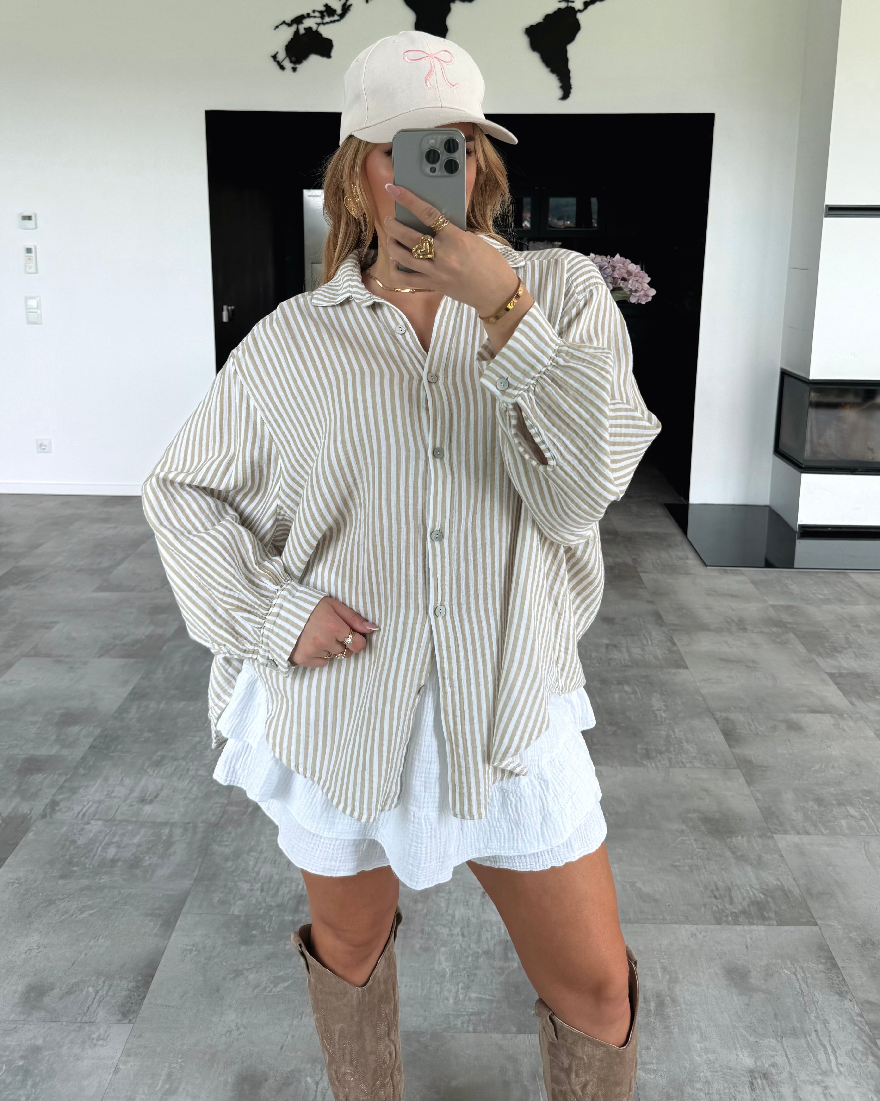 Musselin Bluse "Stripes" Kurz Beige
