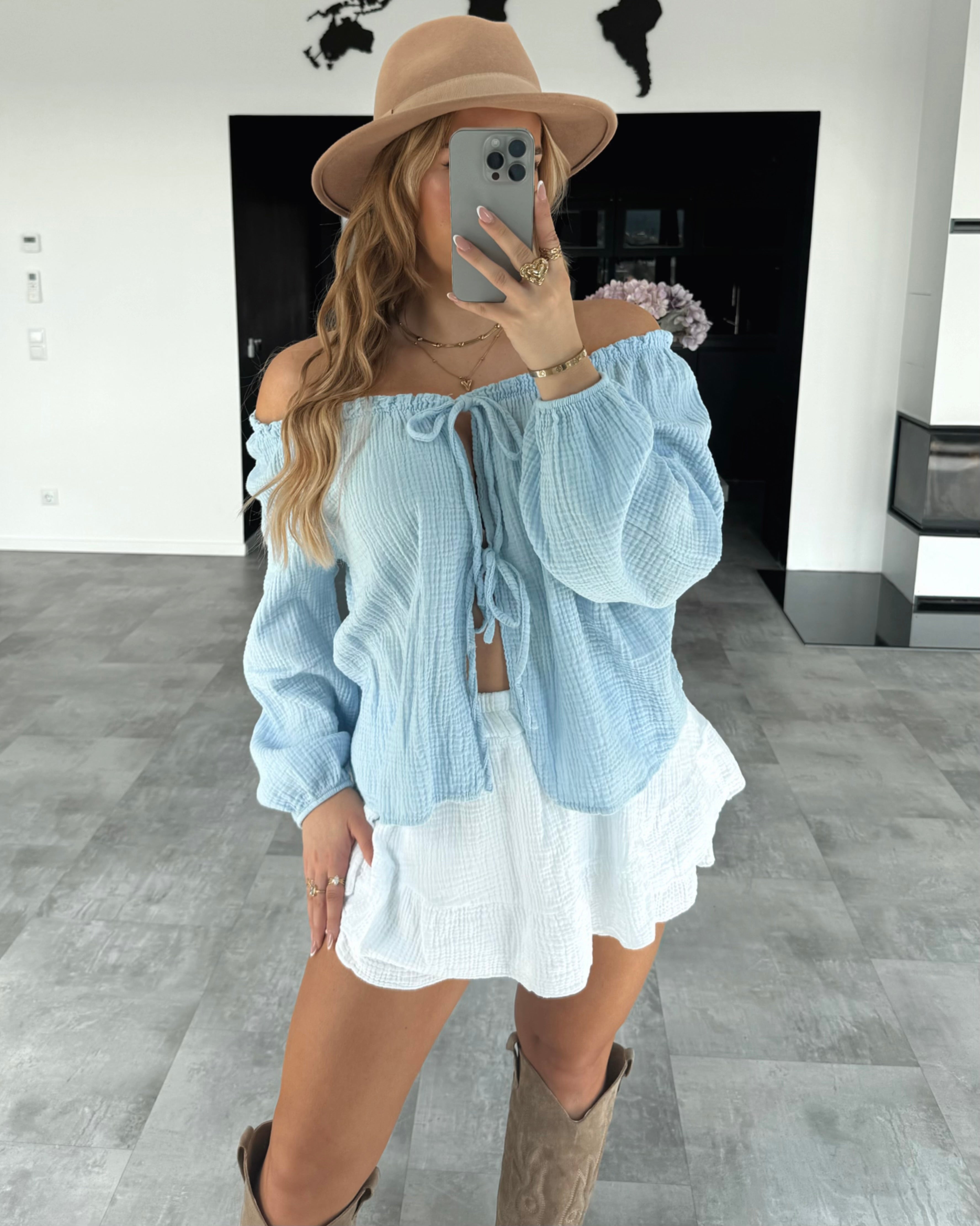Musselin Knoten-Bluse "Kristin" Hellblau