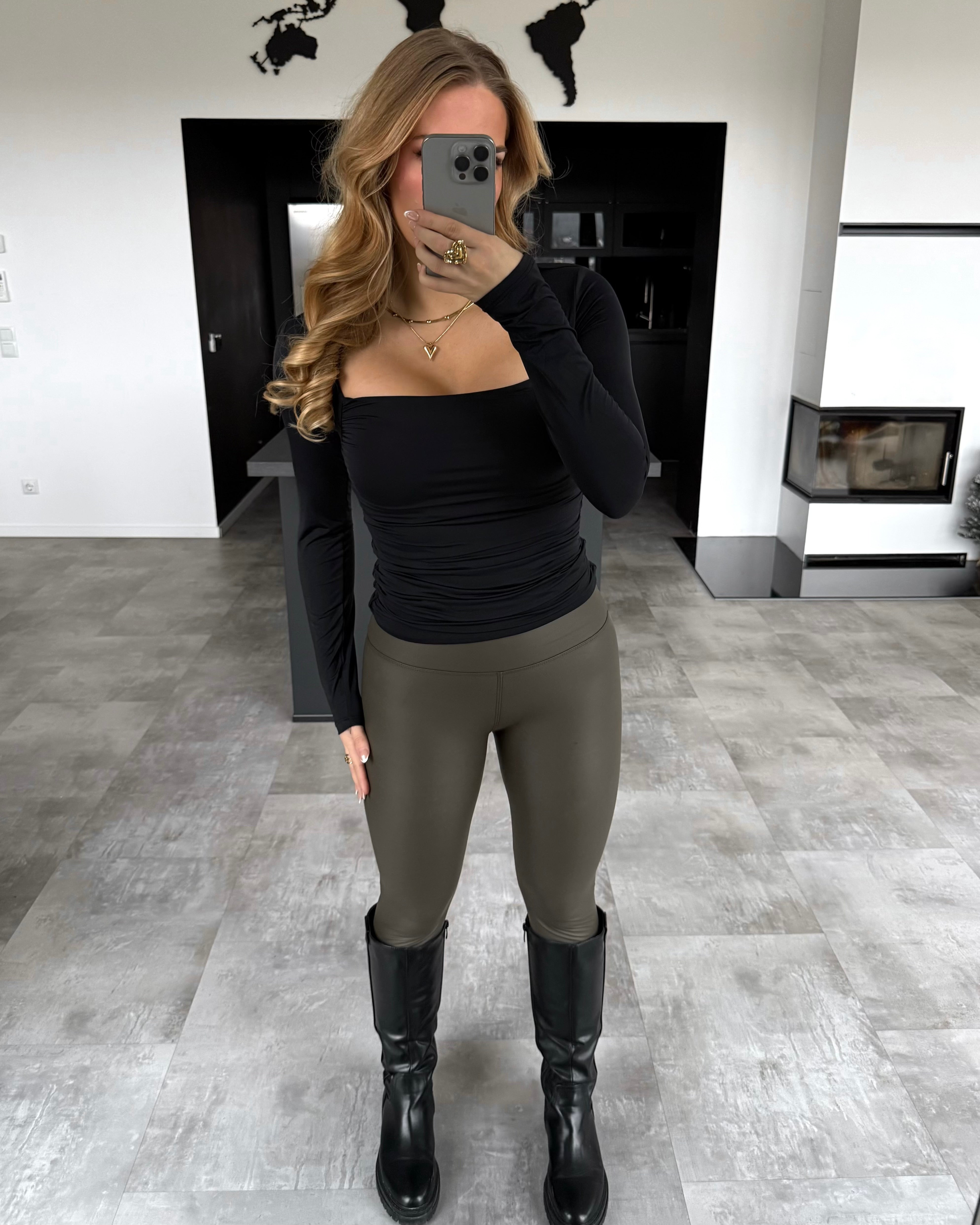 Lederleggings Gefüttert Khaki
