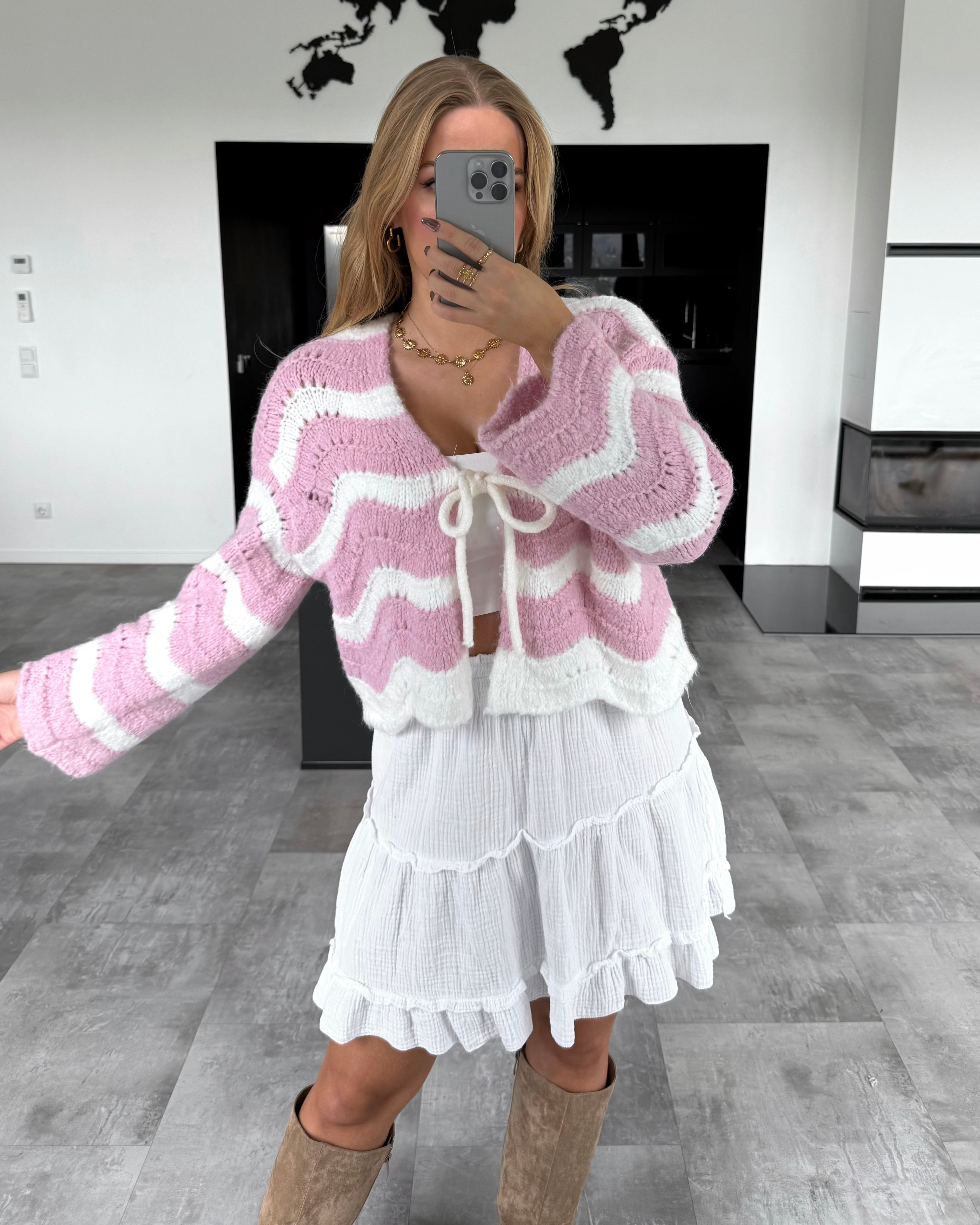 Häkelknoten-Cardigan "Lee" Rosa-Ecru