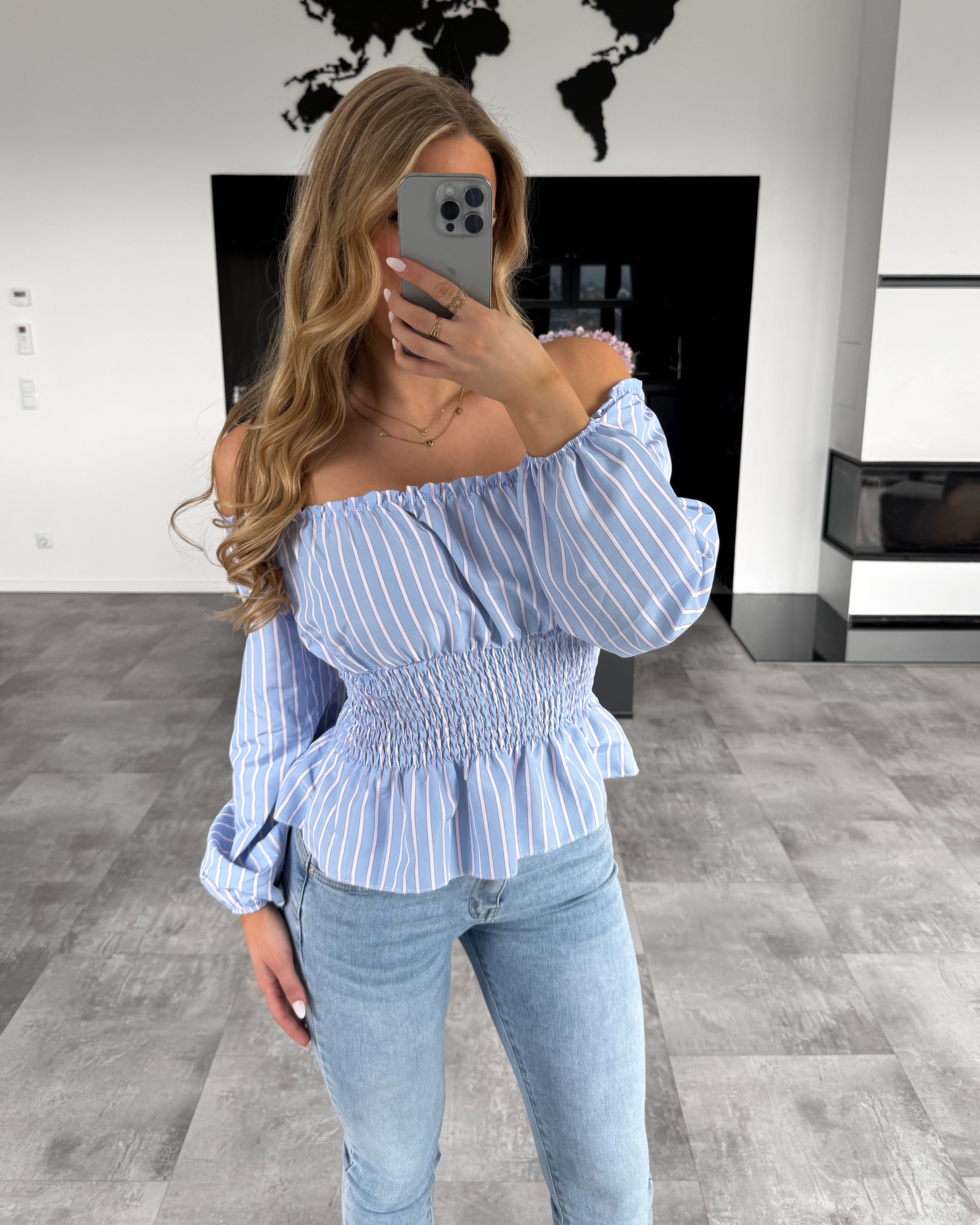 Off-Shoulder Streifen Bluse “Destina“ Hellblau