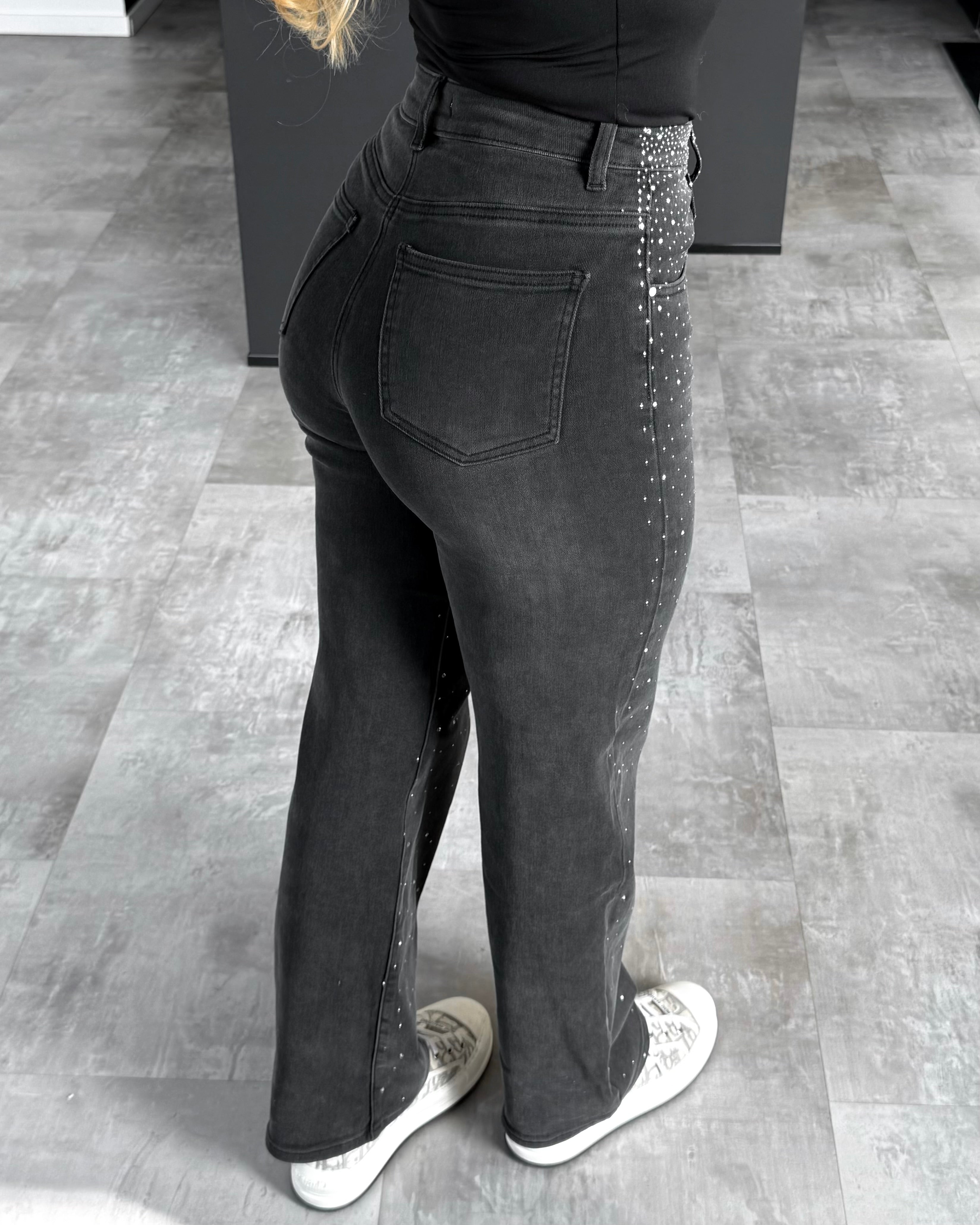 Wide Leg Jeans „Demi“ mit Strasssteinen Schwarz