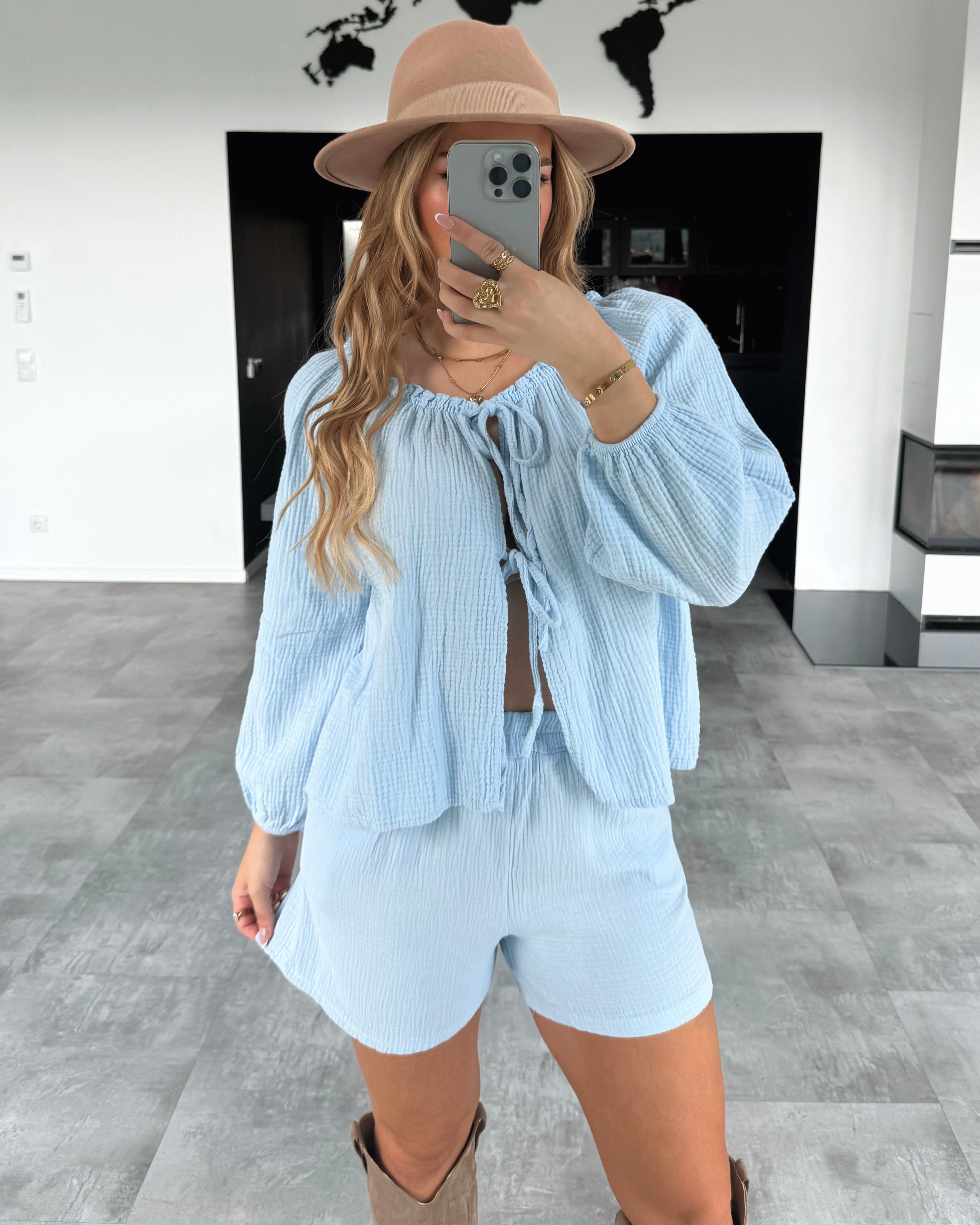 Musselin Knoten-Bluse "Kristin" Hellblau