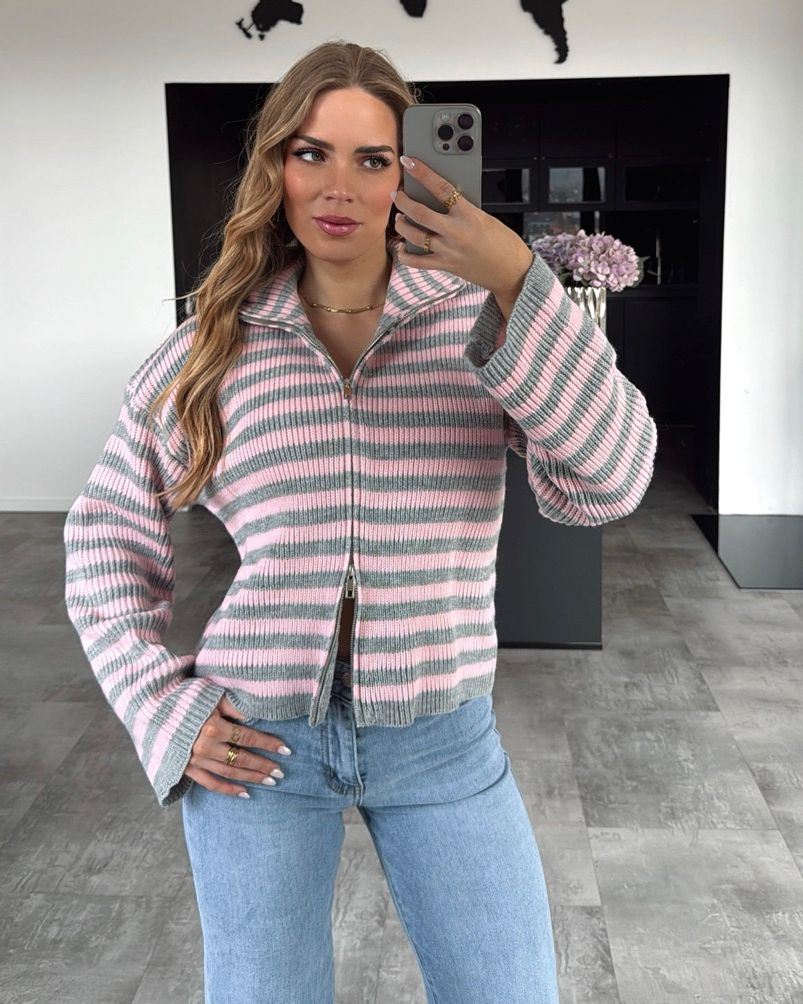 Zipper Strickjacke "June" Rosa-Grau