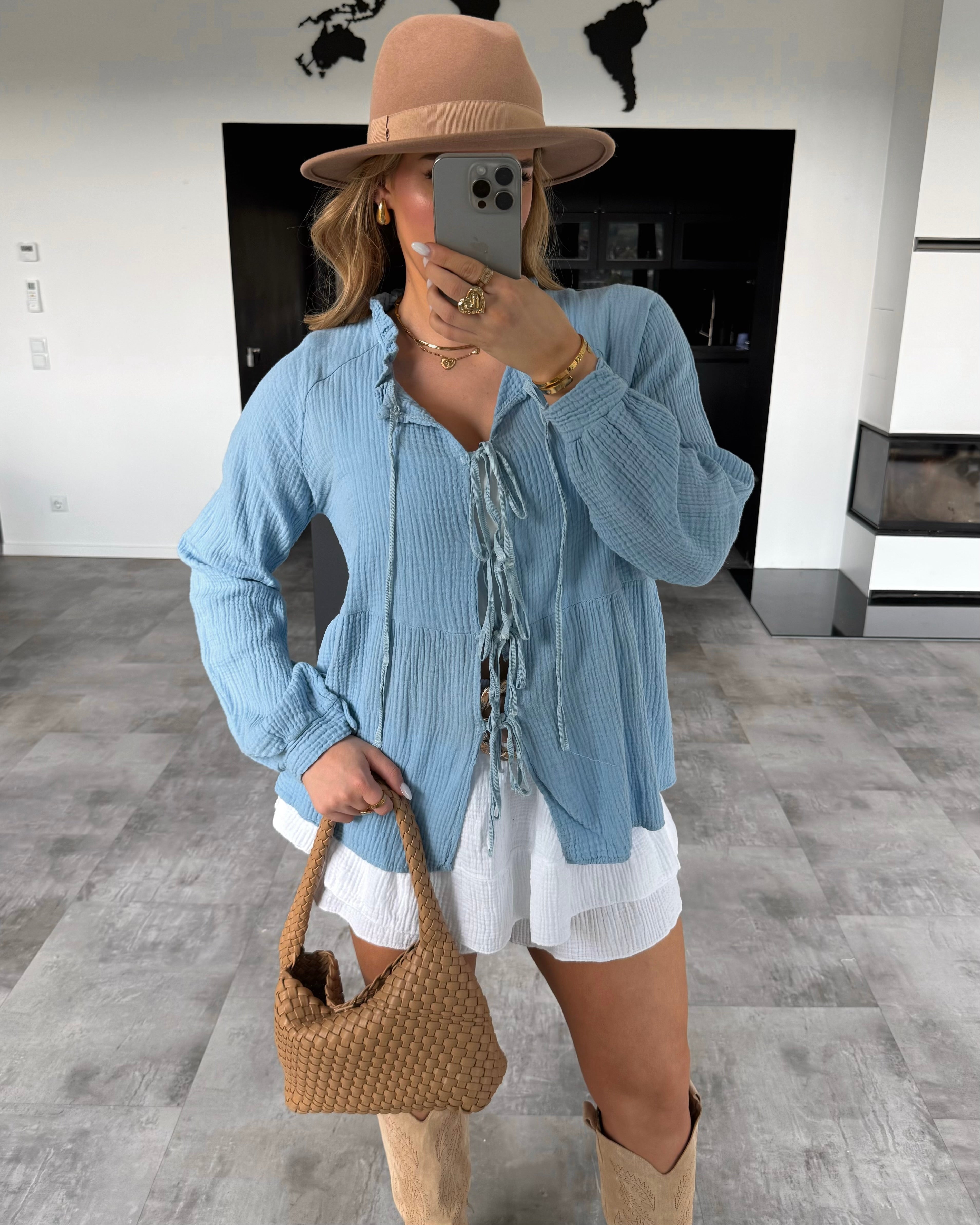 Musselin Knoten-Bluse "Lydia" Hellblau