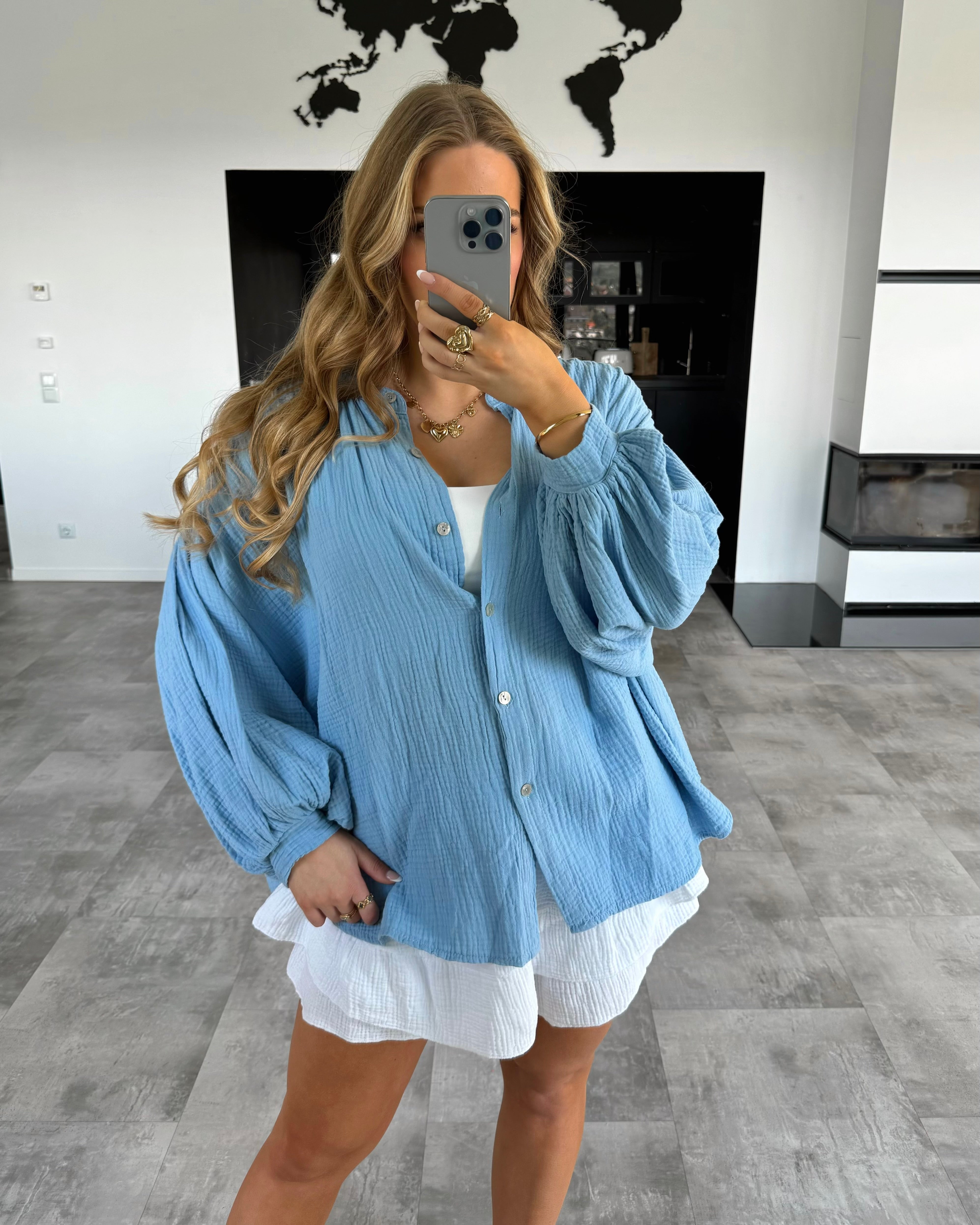 Musselin Bluse "Clara" Midi Hellblau