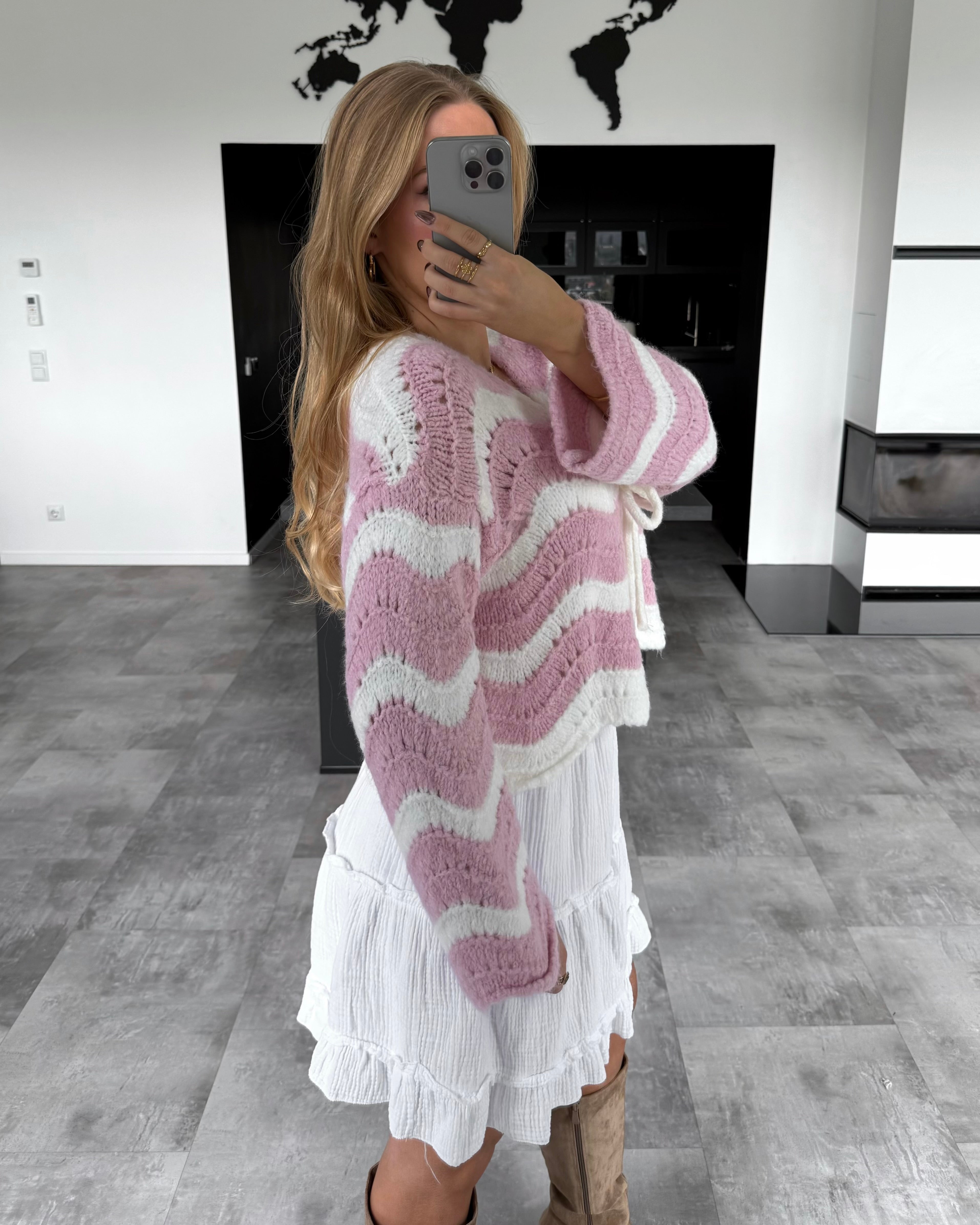 Häkelknoten-Cardigan "Lee" Rosa-Ecru