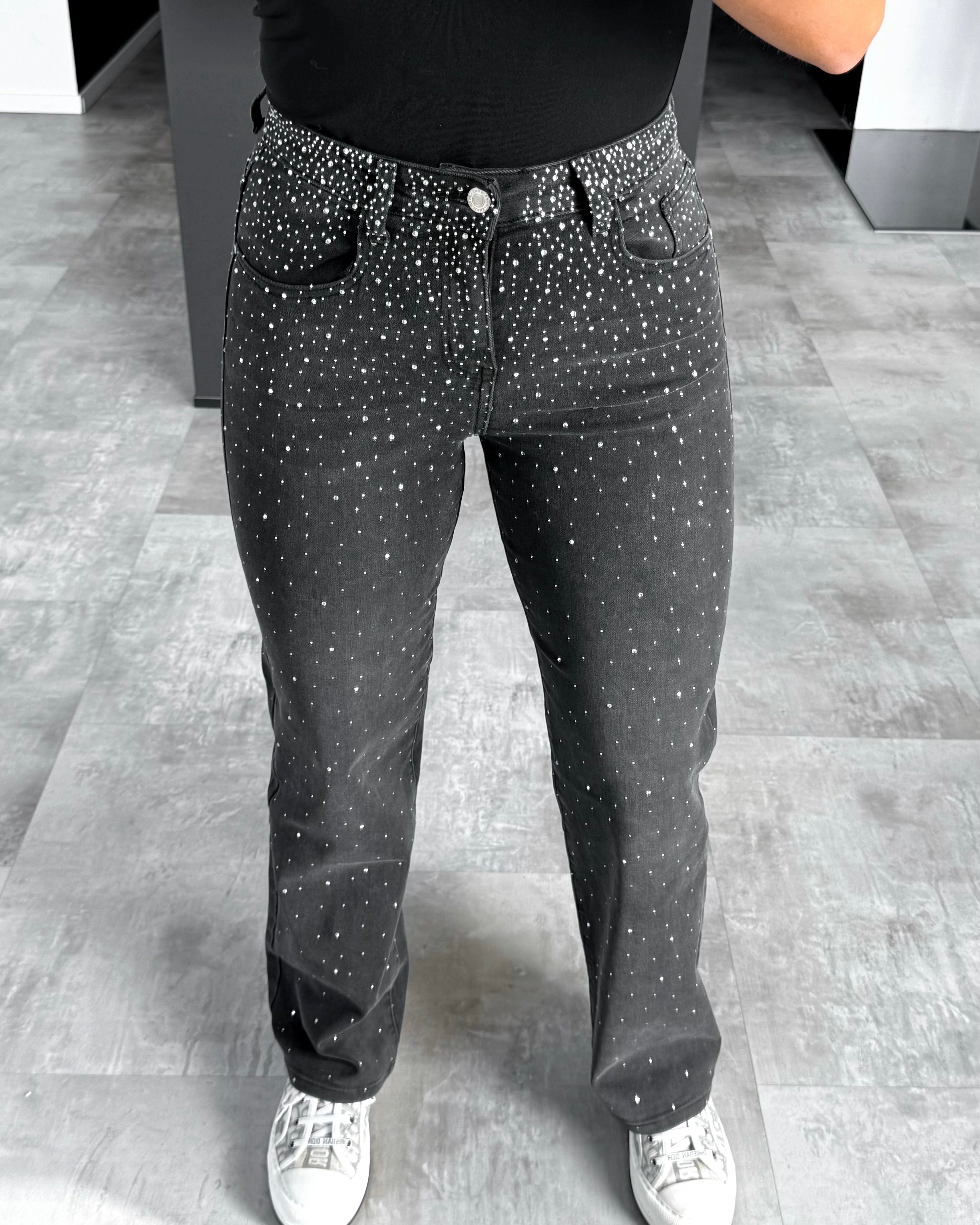 Wide Leg Jeans „Demi“ mit Strasssteinen Schwarz
