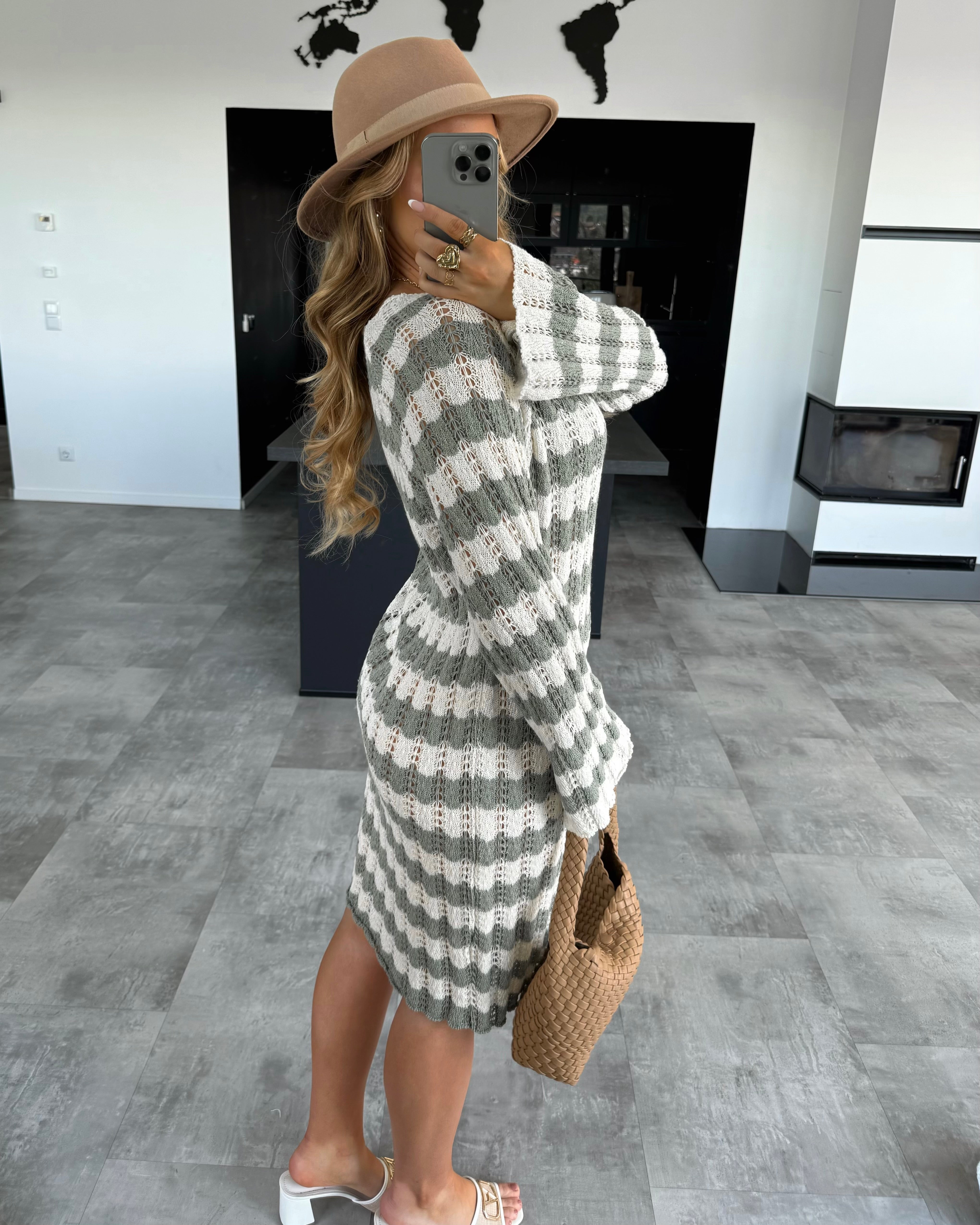 Häkelkleid "Leila" Khaki-Weiß
